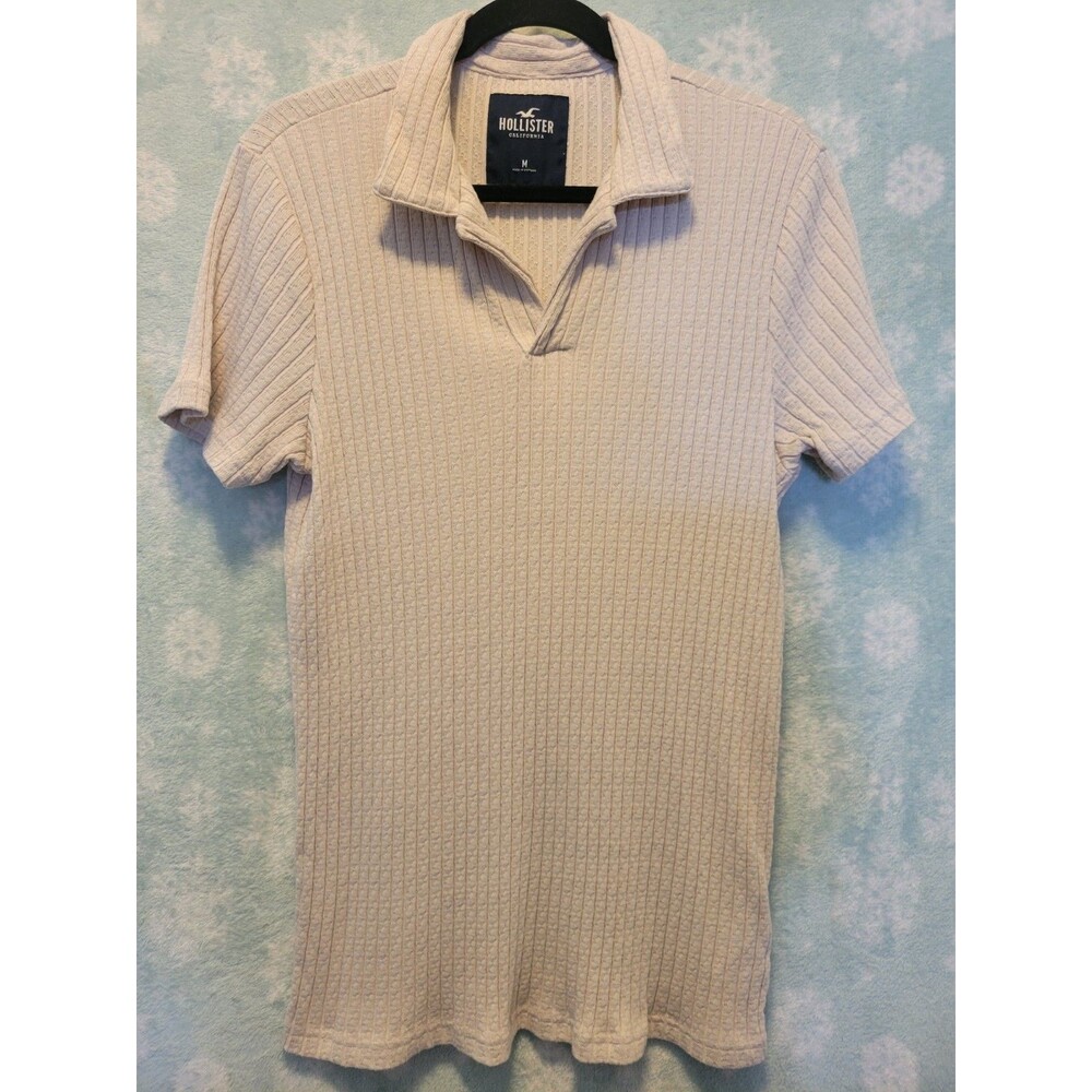 Hollister Ribbed Polo Shirt Men's Medium Beige Khaki Vneck Top Collar Preppy